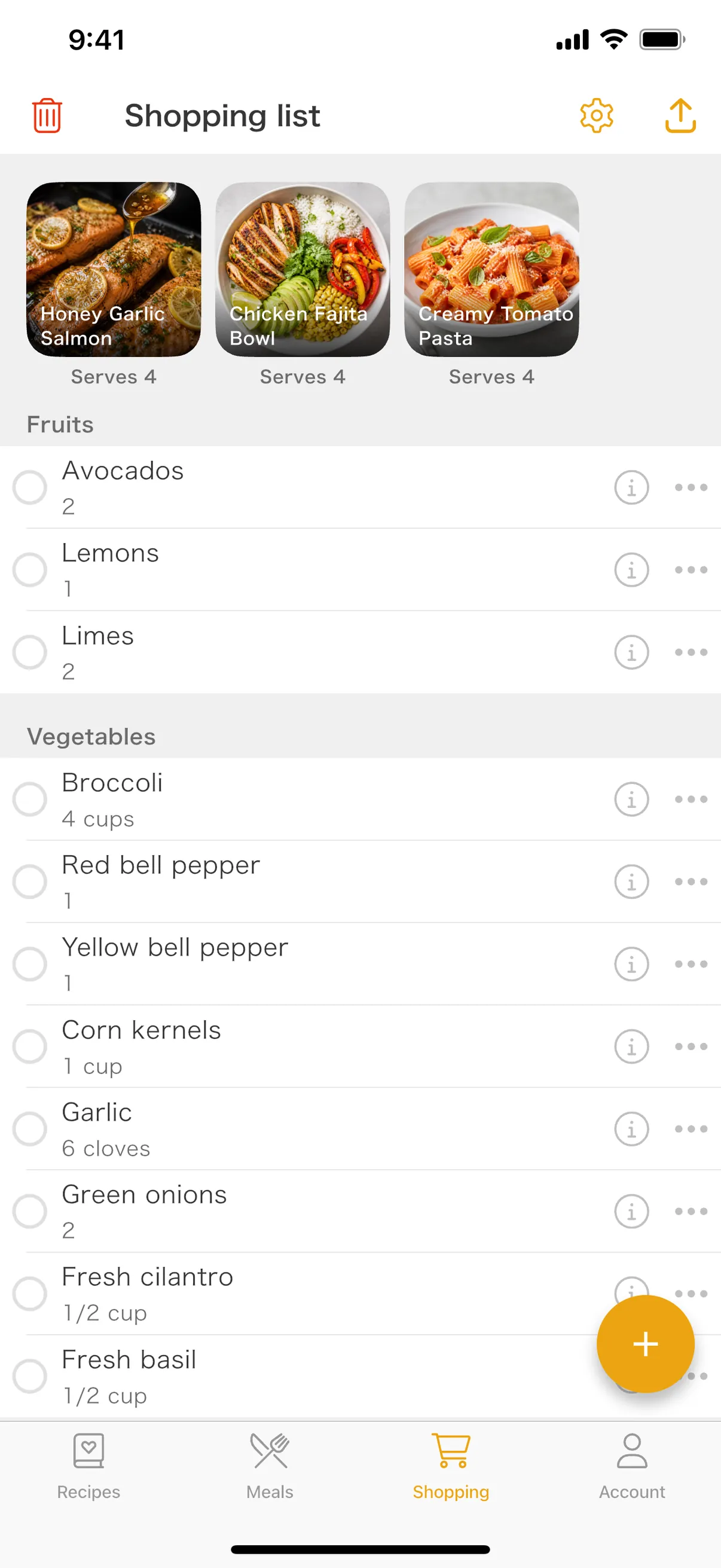 Shopping list screen